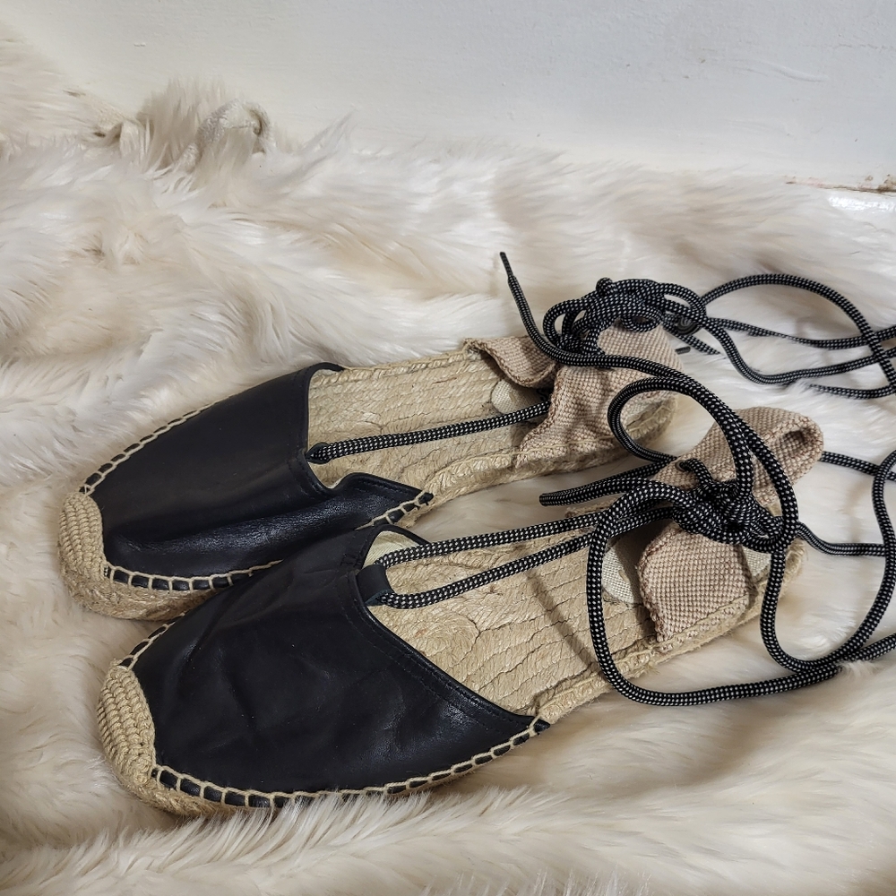 Soludos Black Leather Espadrilles Lace up Sandals Sz 10